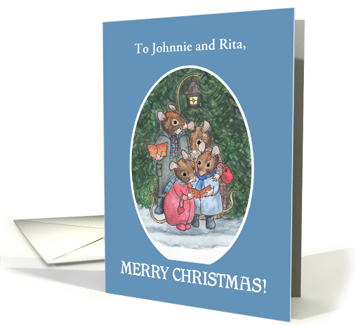 Custom Name Christmas Greetings with Cute Mice Singing Carols card
