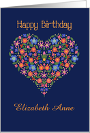 Custom Name Birthday with Folk Art Style Floral Heart card