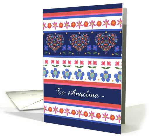 Custom Front Birthday Card, Folk Art Floral Hearts card (1344764)