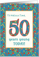 Custom Name 50th Birthday with Retro Floral Print card