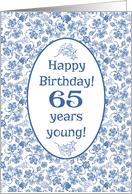 65th Birthday with Indigo Blue on White Floral Pattern card