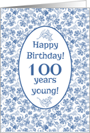 100th Birthday with Indigo Blue on White Floral Pattern card