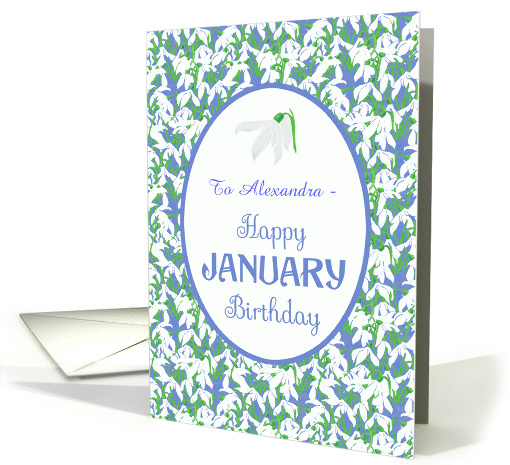 Custom Name January Birthday with Snowdrops on Blue card (1414364)