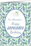 Custom Name January Birthday with Snowdrops on Blue card
