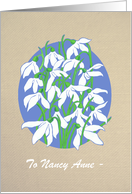 Custom Name January Birthday White Snowdrops on Burlap card