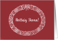 Christmas Wreath Irish Gaelic Greeting White on Deep Red card