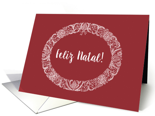 Christmas Wreath Portuguese Greeting White on Deep Red card (1456044)
