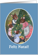Christmas Tree with Portuguese Greeting and Cute Mice Blank Inside card