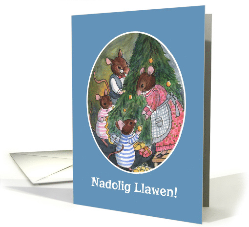 Christmas Tree with Welsh Greeting and Cute Mice Blank Inside card