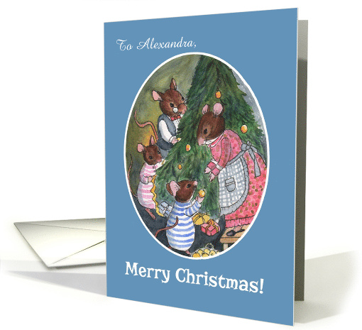 Custom Name Cute Mice Family Decorating Christmas Tree card (1457872)
