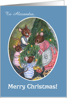 Custom Name Cute Mice Family Decorating Christmas Tree card
