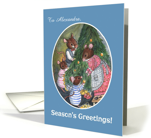 Custom Name Cute Mice Decorating Christmas Tree card (1457876)