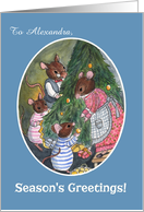Custom Name Cute Mice Decorating Christmas Tree card