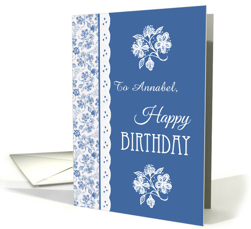 Custom Front Name Birthday Indigo and White Floral and Faux Lace card