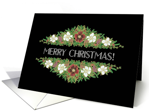 Christmas Roses Merry Christmas in White Art Deco Script on Black card