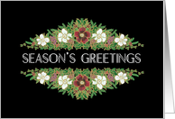 Christmas Roses Season’s Greetings in White Deco Script on Black card