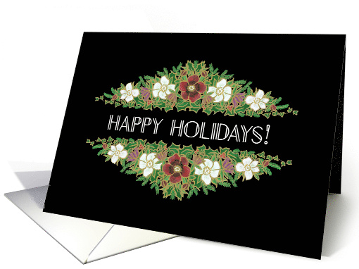 Christmas Roses Happy Holidays in White Deco Script on Black card