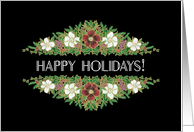 Christmas Roses Happy Holidays in White Deco Script on Black card