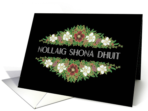 Christmas Roses Irish Gaelic Greeting in Chic White on Black card