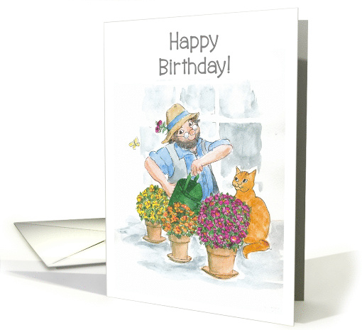 Birthday Greetings with Fun Man in Greenhouse with Cat card (1529858)