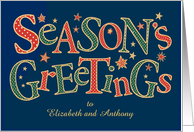 Custom Name Season’s Greetings, Red, Green, White Polka Dot Lettering card