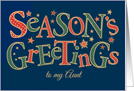 Season’s Greetings, for Aunt, Red, Green, White Polka Dot Lettering card