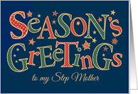 Season’s Greetings, for Step Mother, Red, Green, White Polkas card