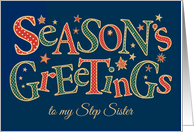 Season’s Greetings, for Step Sister, Red, Green, White Polkas card