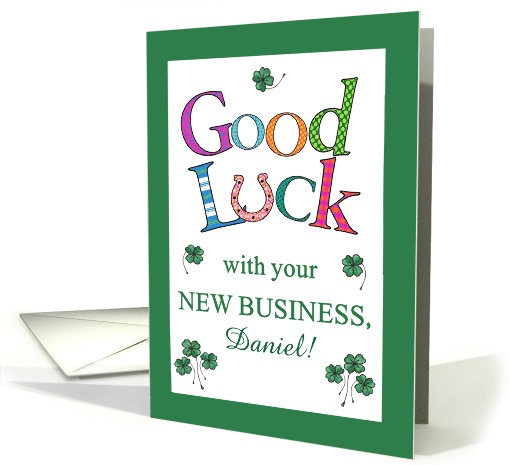 Custom Name Good Luck with New Business Clover and Horseshoe card