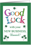 Custom Name Good Luck with New Business Clover and Horseshoe card