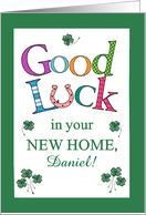Custom Name Good Luck in New Home Clover and Horseshoe card