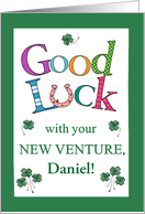 Custom Name New Venture Good Luck with Clover and Horseshoe card