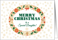 For Daughter Merry Christmas with Holly Wreath and Snowflakes card