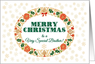 For Brother Merry Christmas with Holly Wreath and Snowflakes card