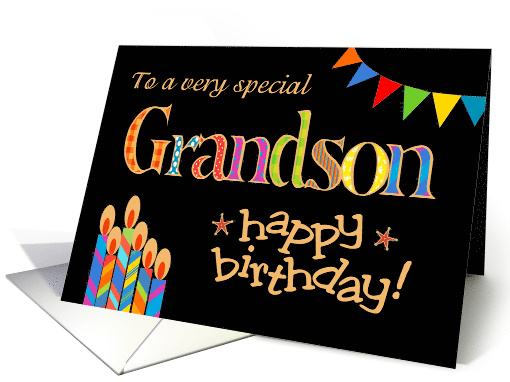 Grandson's Birthday Colourful Candles and Bunting on Black card