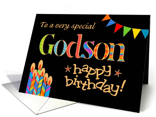 Godson's Birthday Colourful Candles and Bunting on Black card