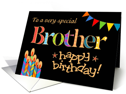 Brother's Birthday Colourful Candles and Bunting on Black card