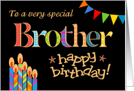 Brother’s Birthday Colourful Candles and Bunting on Black card