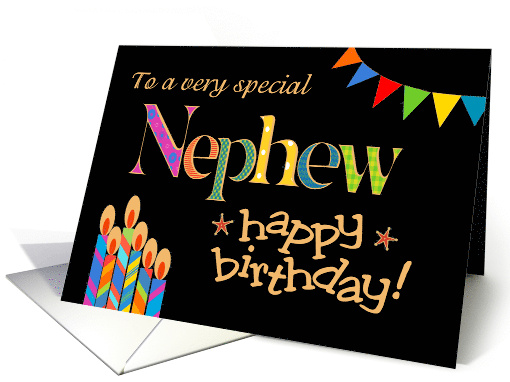 Nephew's Birthday Colourful Candles and Bunting on Black card