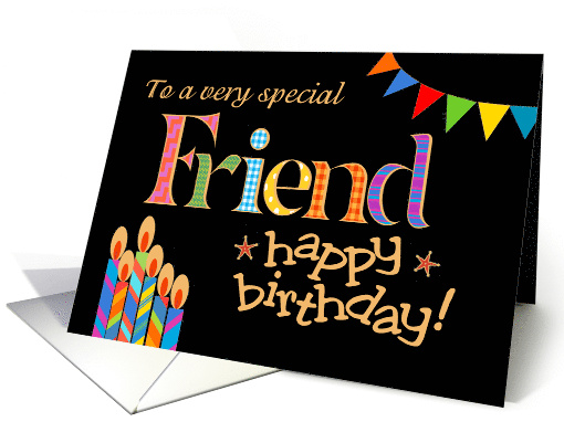 Friend's Birthday Colourful Candles and Bunting on Black card