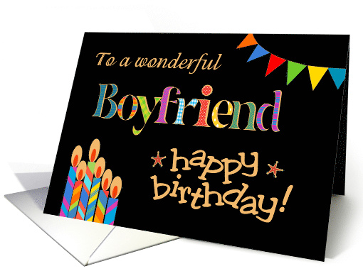 Boyfriend's Birthday Colourful Candles and Bunting on Black card