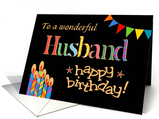 Husband's Birthday Colourful Candles and Bunting on Black card