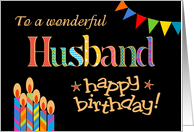 Husband’s Birthday Colourful Candles and Bunting on Black card