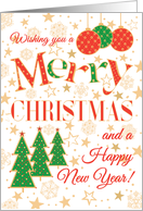 Christmas Greetings with Christmas Trees Stars and Baubles card