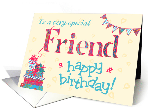 Pretty Birthday Card for Friend, any age, Bunting, Gifts, Flowers card