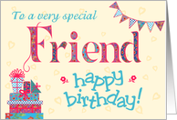 Pretty Birthday Card for Friend, any age, Bunting, Gifts, Flowers card