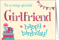 Pretty Birthday Card for Girlfriend, any age, Bunting, Gifts, Flowers card