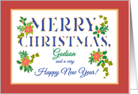 For Godson at Christmas with Poinsettia Holly Ivy Fir Sprigs card