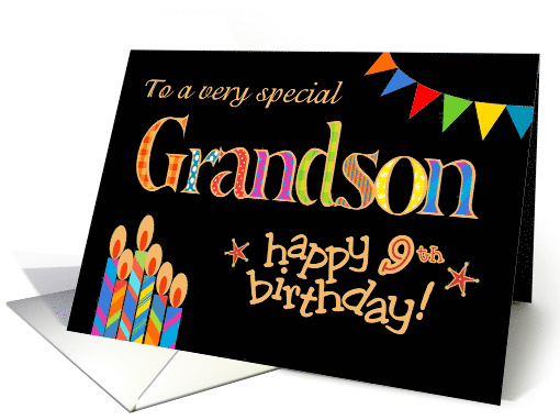 For Grandson 9th Birthday with Colourful Candles and Bunting card