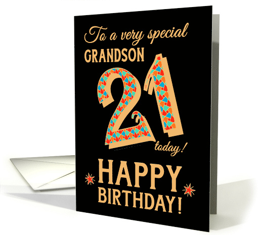 For Grandson 21st Birthday with Bright Patterns on Black card